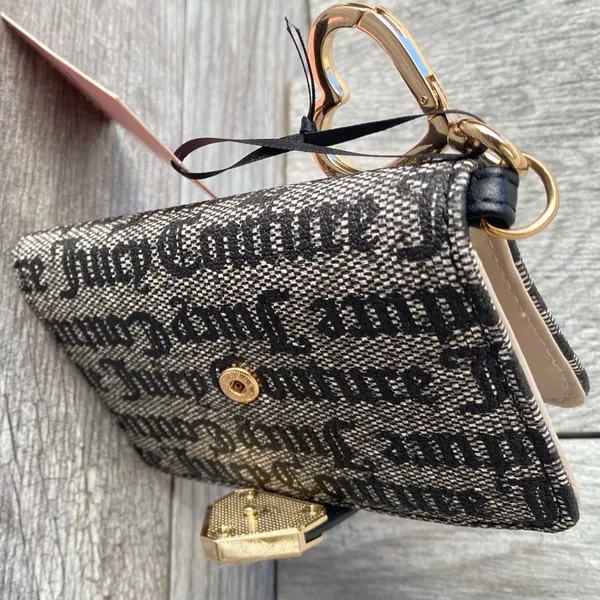 Juicy Couture Black Beige Monogram Tab Card Wallet with Heart Keychain Charm - Image 5