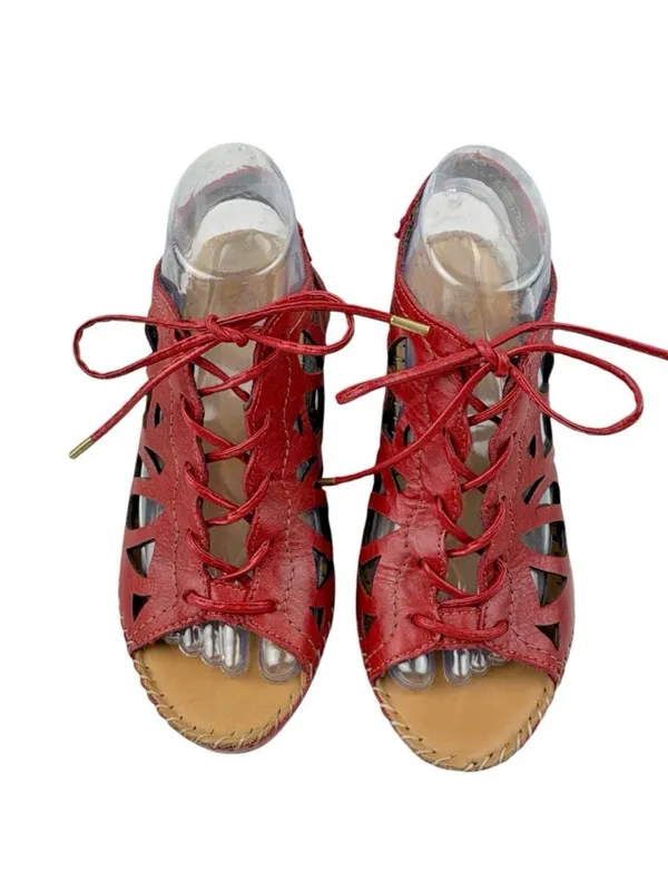 *Lobo Solo Red Leather Sandals Womens Size US Size 9 Lace Up Boho Laser Cut Out - Image 2
