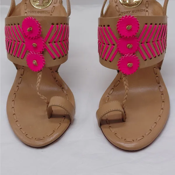Tory Burch Womens High Heel Sandals Size 7.5 Tan Pink Leather Party Night Out - Image 4
