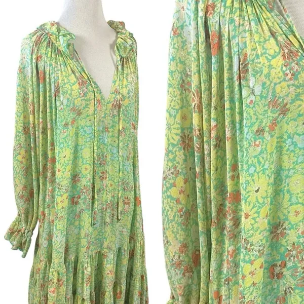 Free People Feeling Groovy Maxi Dress Size Large 70s Chartreuse Floral Bohemian - Image 9