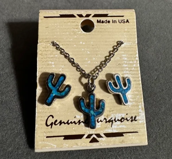 Genuine turquoise, cactus necklace and earrings - Image 2