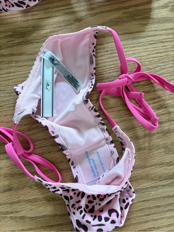 Frankie's Bikinis Pink Leopard Print Bikini Set with Hot Pink Ties - Image 2