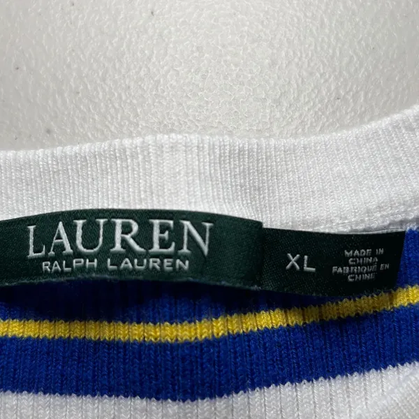 Lauren Ralph Lauren White Blue Yellow Striped‎ Cotton Sweater XL Gold Buttons - Image 5