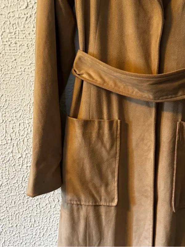 Badgley Mischka Tan Faux Suede Camel Long Belted Trench Coat - Image 6