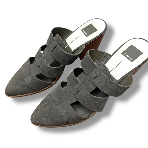 Dolce Vita Dark Grey Suede Pointed-Toe Fisherman Cage Slip-On Block Heel Mules - Image 5