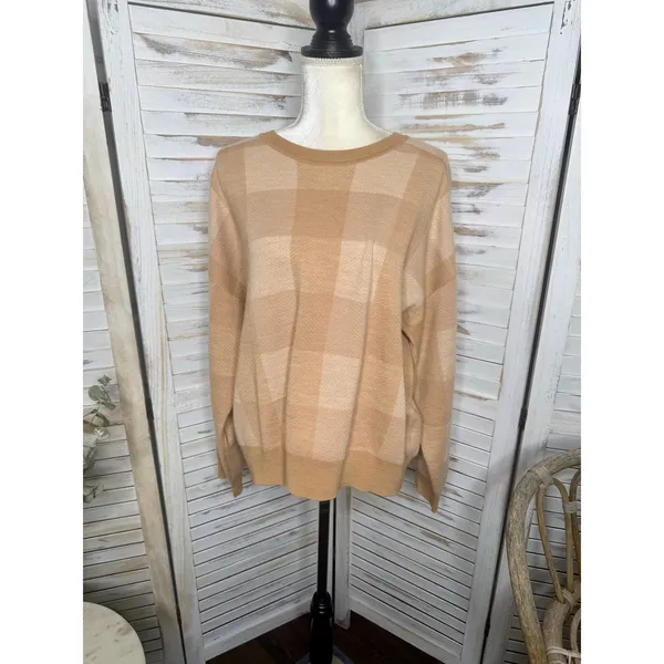 MADEWELL Women's XL Merinol Wool Windowpane Plaid Pullover Sweater Camel Tan - Image 3