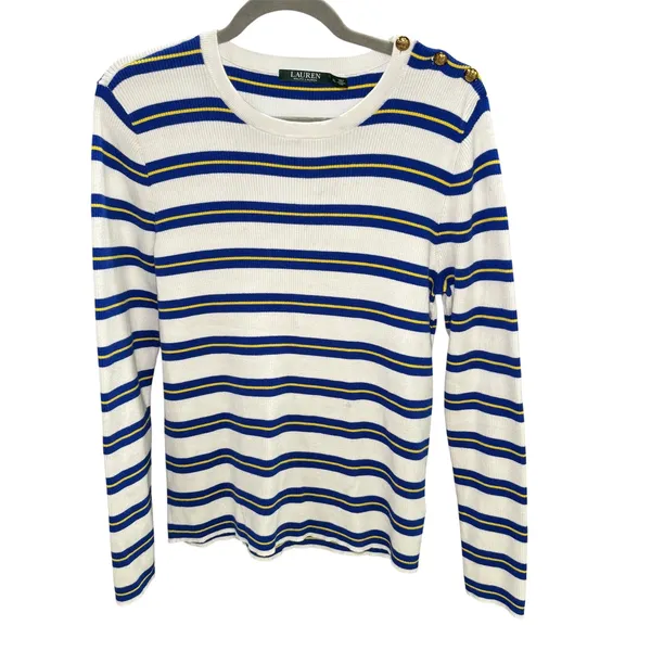 Lauren Ralph Lauren White Blue Yellow Striped‎ Cotton Sweater XL Gold Buttons - Image 4