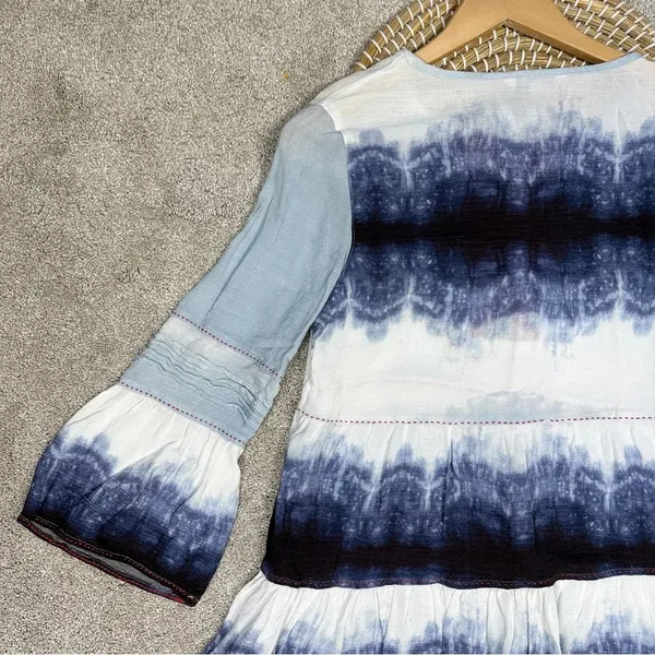 John Mark Ombre Tie Dye Tiered Blouse Tunic Peasant Tassel Artsy Bell Sleeve M - Image 9