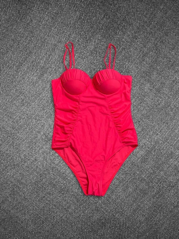 Neon Pink One Piece Ruched Underwire Swimsuit Size M - Image 5