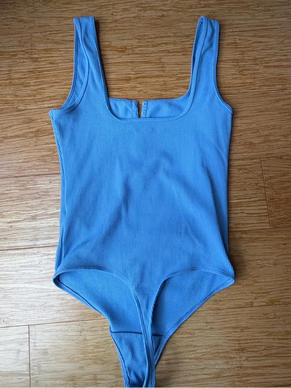Abercrombie Soft A&F Blue Ribbed Hook & Eye Bodysuit M - Image 3