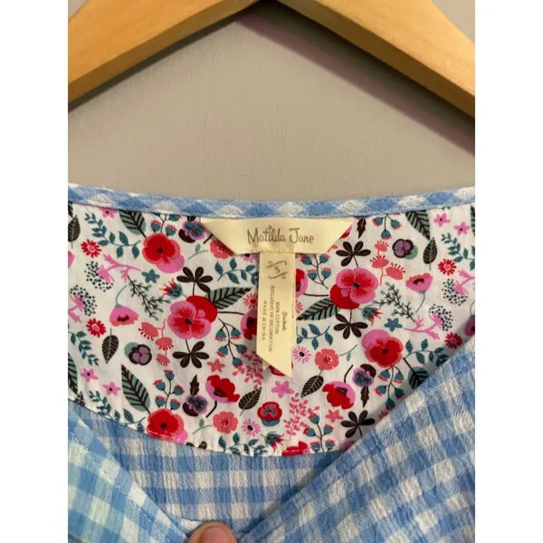 Matilda Jane Blue Gingham Ruffle Top Floral Trim Short Sleeve Womens Size S - Image 4