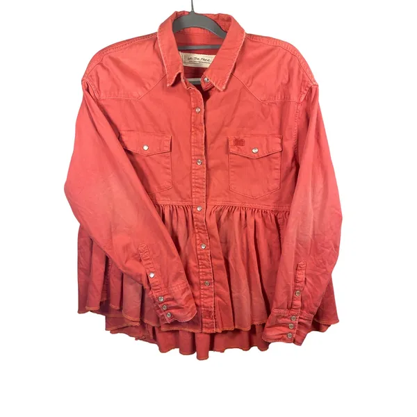 We The Free People Distressed Pink Western Peplum Snap Front Cotton Shacket SM - Image 2
