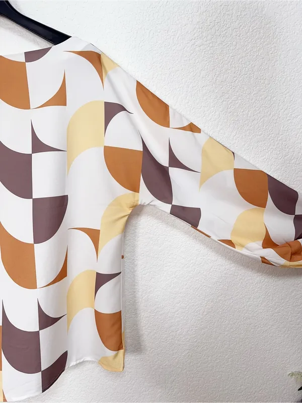 Miss Sparkling Retro 70s Geometric Print Balloon Sleeve Blouse Top - Image 4