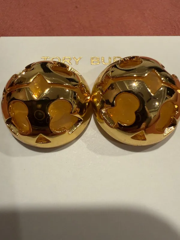 Tory Burch | Shiny Gold Logo Medallion Cutout Dome Earrings - Image 2