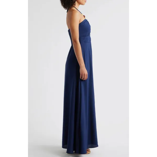 Eliza J Maxi Dress Navy Halter Pleated Embellished Formal Cocktail US 10 NWT - Image 4