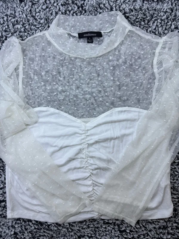 White Coquette Romantic Swiss Dot Mesh Long Sleeve Ruched Sweetheart Crop Top Size L - Image 2