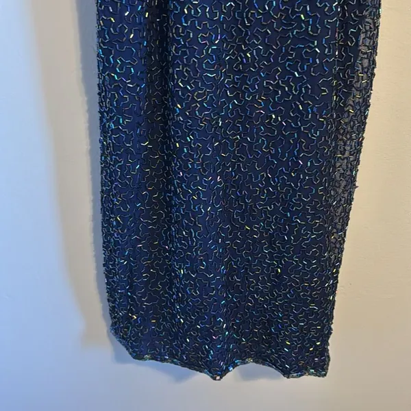 Vtg Laurence Kazar Halter Beaded embellished silk formal gown dress blue gold‎ L - Image 4