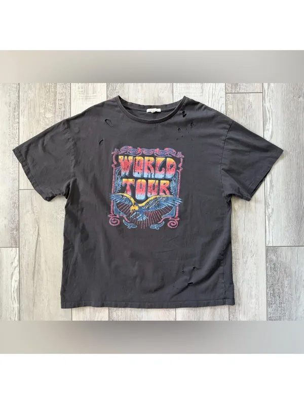 BAEVELY Biker World Tour Edgy Grunge Distressed Cotton Graphic Tee size large - Image 2