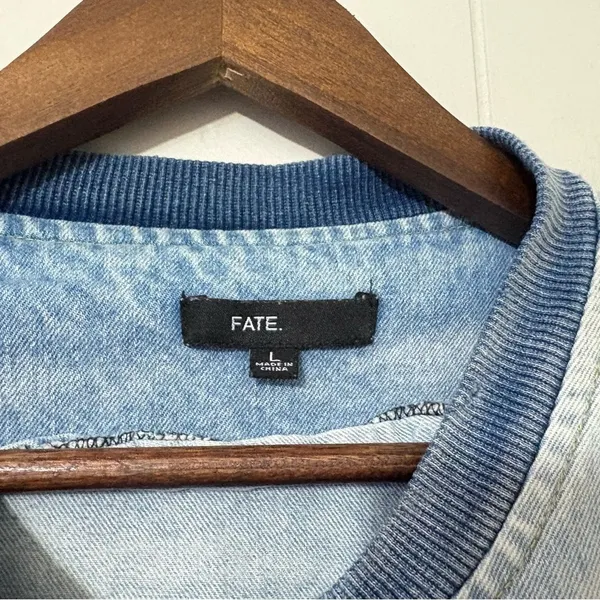 Fate Denim Bomber Jacket Womens L Light Wash Oversized Distressed Casual - Image 4