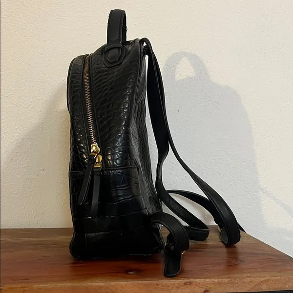 Tory Burch Croc Embossed Black Leather Mini Backpack Purse Gold Logo Casual Luxe - Image 9