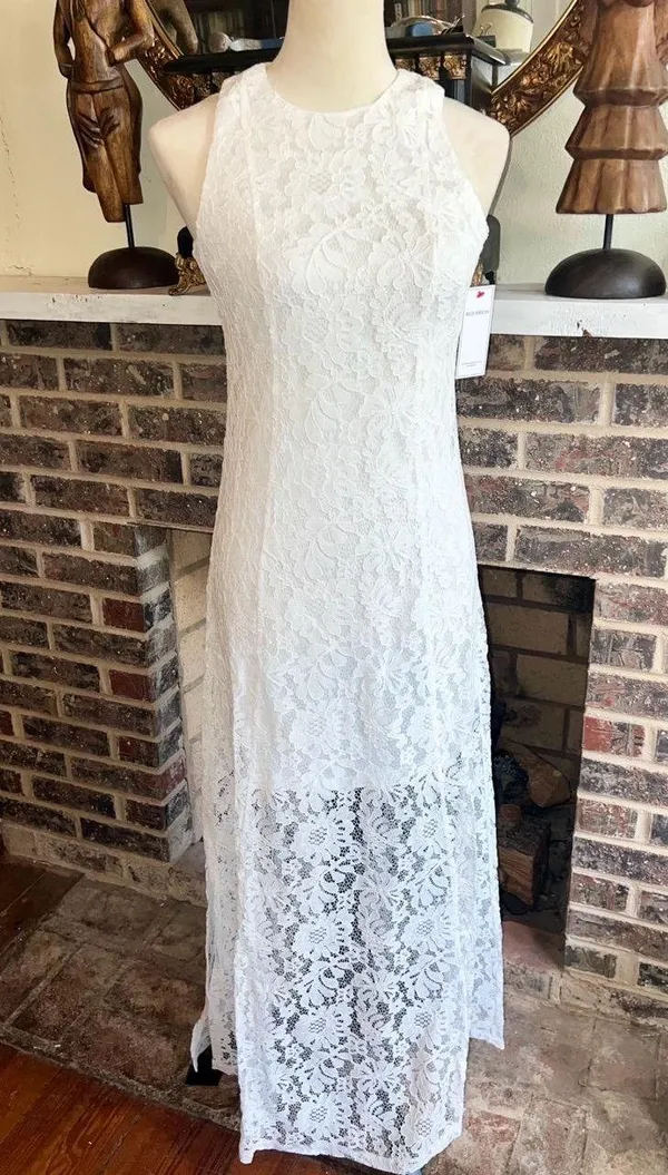 Aura RED DRESS White Lace Halter Neck Maxi Dress Sheer Split Hem Size XS - Image 2
