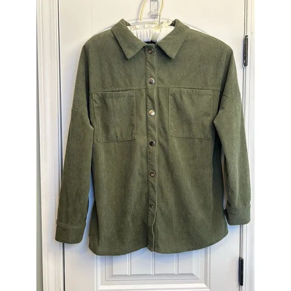 PrettyGarden Chic Women’s Medium Olive Green Corduroy Shacket Snap Front Pockets - Image 2