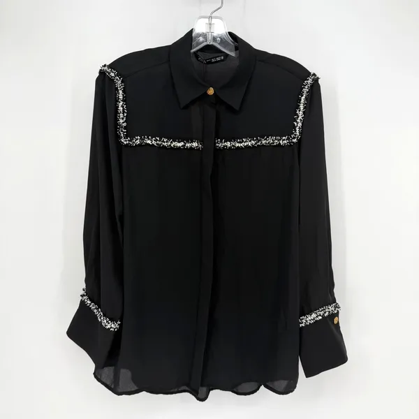 Zara Blouse Womens S Black Tweed Boucle Minimalist Workwear Classic Luxury Chic - Image 4