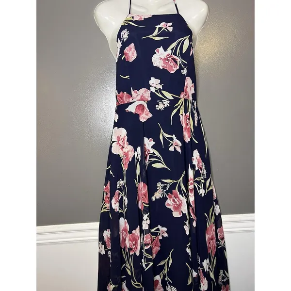 Lulus Dress Womens Medium Blue Floral Halter Maxi Sundress Crisscross Back - Image 2