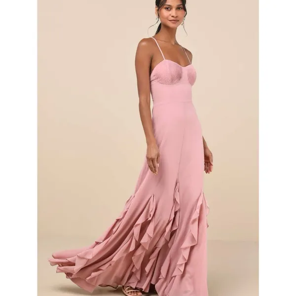 Lulus Priela Pink Ruffled Lace-Up Maxi Dress Size XL Whimsical Formal Wedding - Image 3