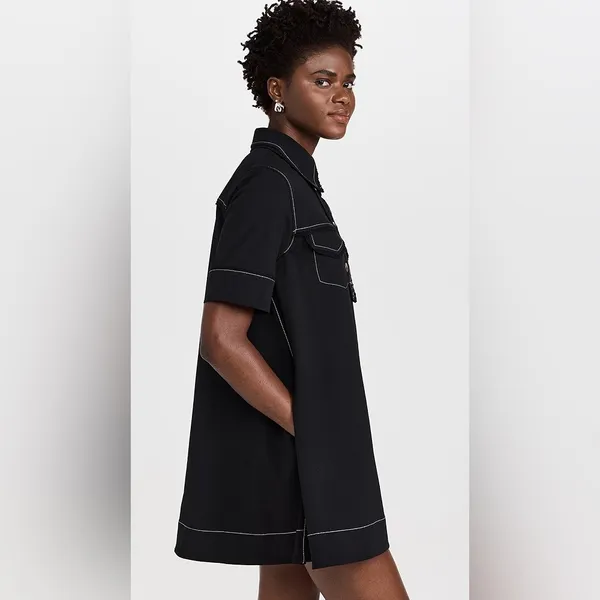 GANNI NEW Sable Topstitch Crepe Swing Button Front Mini Dress Black Sz 36 SNAGS - Image 2