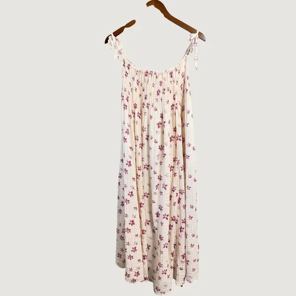 Free People Intimately Floral Smocked Gauze Midi Dress Cream Purple XS - Image 2