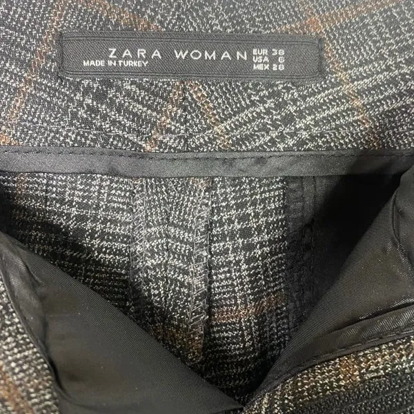 ZARA Gingham Straight Leg Ankle Crop Flat Front Mid Rise 6 Trouser Pants Brown - Image 4
