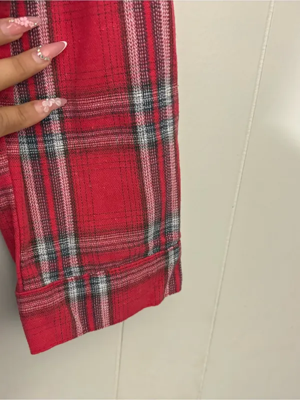 POL Red Plaid Lace Up Tunic Shirt Size L Boho Grunge Flannel Oversized Top - Image 4