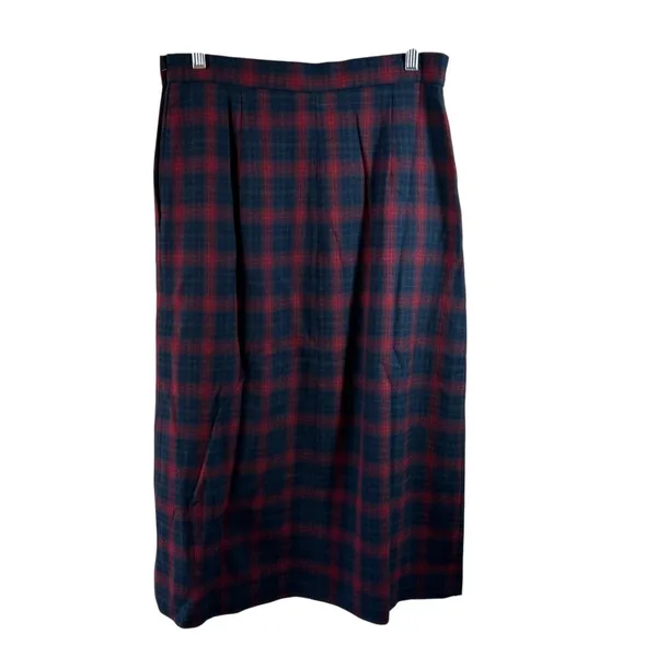 Vintage JH Collectibles Red Green Plaid Wool Midi Skirt Pleated Classic Size 14 - Image 3
