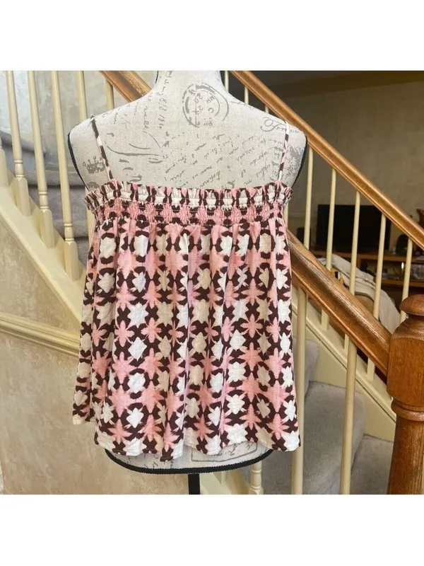 LOFT Geometric Print Linen blend Smocked Swing Tank Top Pink White Brown Size L - Image 5