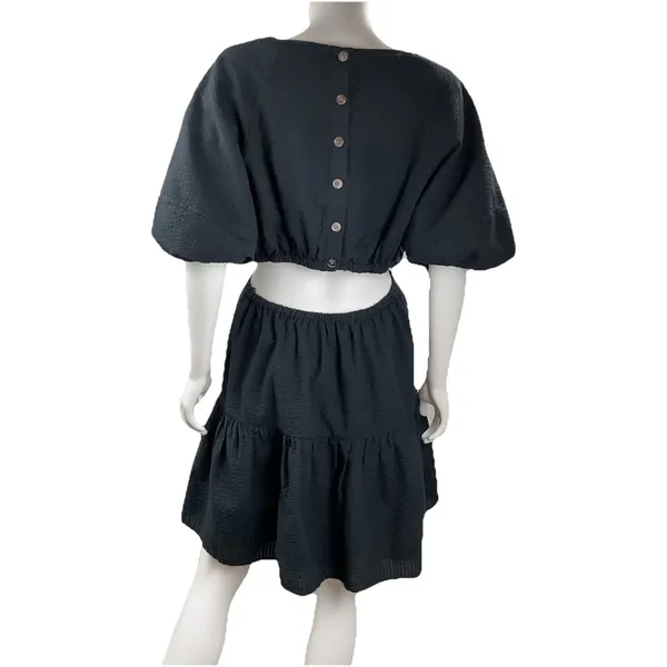 Madewell Seersucker Back Cutout Summer Dress Button Back Puff Sleeve Black‎ L - Image 13