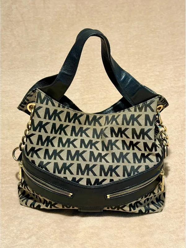 Michael Kors MK Signature Jacquard Hobo Shoulder Bag Black Beige Gold - Image 12