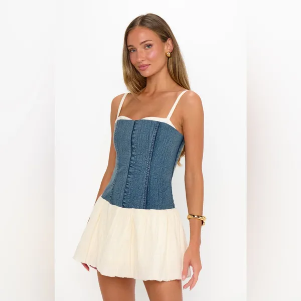 Show Me Your Mumu Tiffany Skort Mini Dress size XL denim cream voile nwot - Image 6