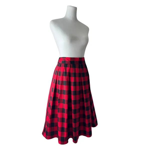 Red & Black Checker Print Pleated A-Line Midi Skirt - Image 5