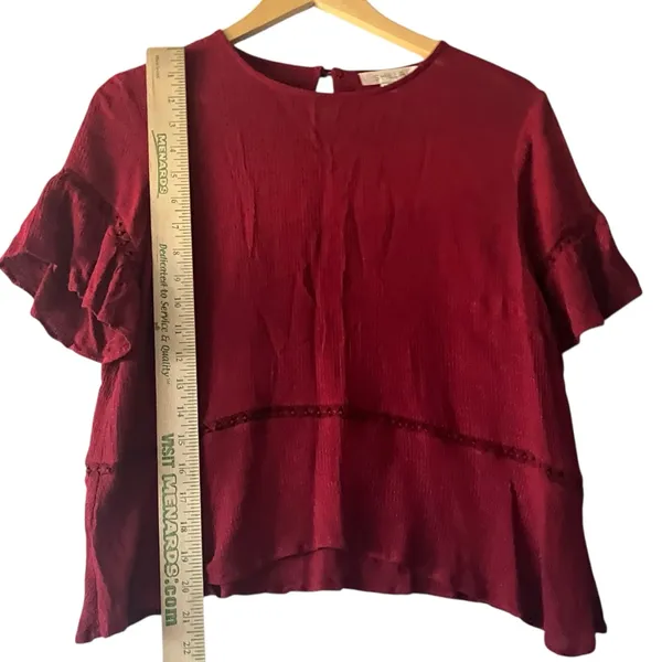 Shilla Chic Burgundy Ruffle Sleeve‎ Blouse Women's Sz S Boho Casual Lace Cut Out - Image 6