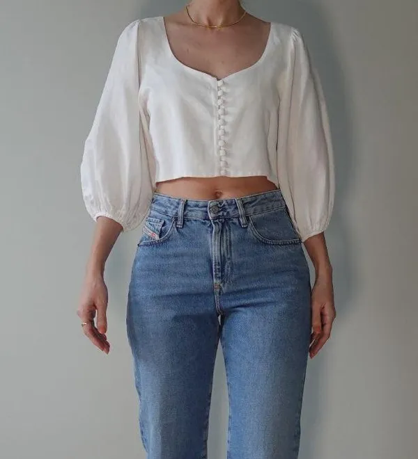 White Puff Sleeve Sweetheart Neck Shirt Size L - Image 3