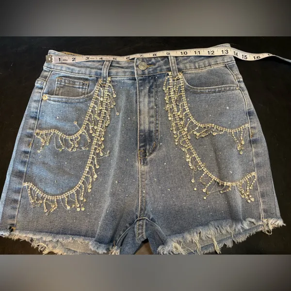 Rhinestone Fringe High-Rise Denim Shorts - Blue size Medium NWT - Image 7