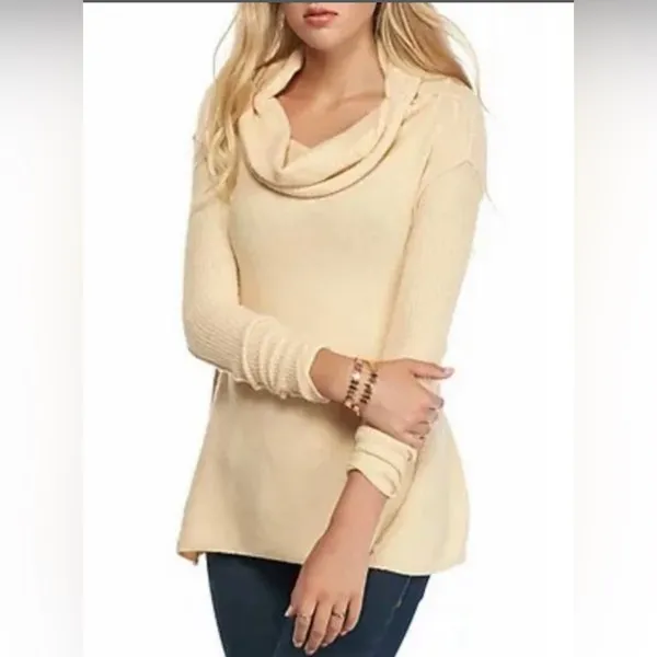 Free People Strawberry Fields Cream Knit Cowl‎ Neck Sweater Size S - Image 4