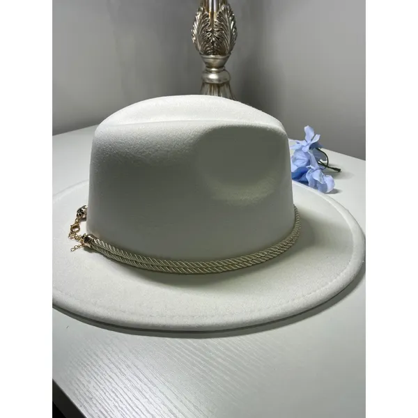 White Wide Brim Fedora Hat Rose Gold Chain Link Rope‎ Band Cotton Blend - Image 4