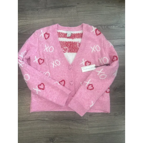 Cupcakes and Cashmere Pink XO Heart Print Cardigan Sweater Medium NEW - Image 2
