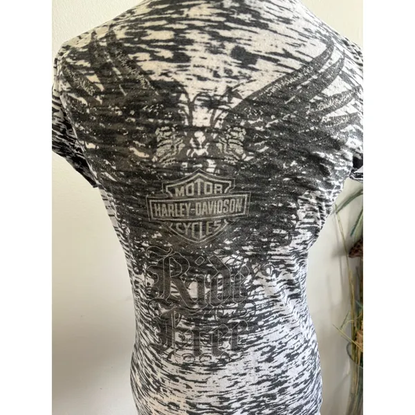 Harley Davidson Womens Black White Space Dye Burnout Graphic V-Neck Tee‎ Sz S - Image 5