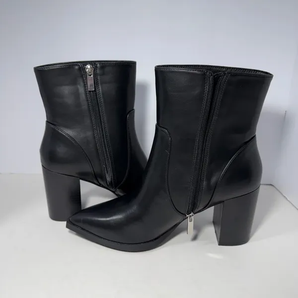 Womens Black Faux Leather Pointed Toe Block Heel‎ Ankle Boots Sz 9 Zipper Bootie - Image 7