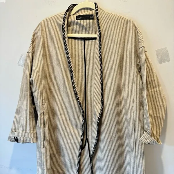 Zara Woman 100% Linen Striped Duster Coat Whipstitch Trim Beige XS Open‎ Front - Image 5