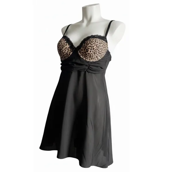 VTG Inner Secrets Leopard Print Babydoll Lingerie Dress Lace Trim Black Chiffon - Image 2