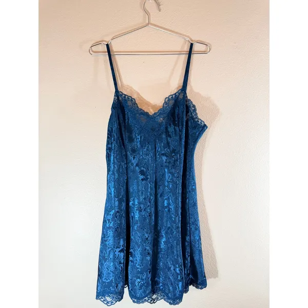 Victoria's Secret Chemise Womens Large Teal Blue Gold Label Floral Lace‎ Slip - Image 3